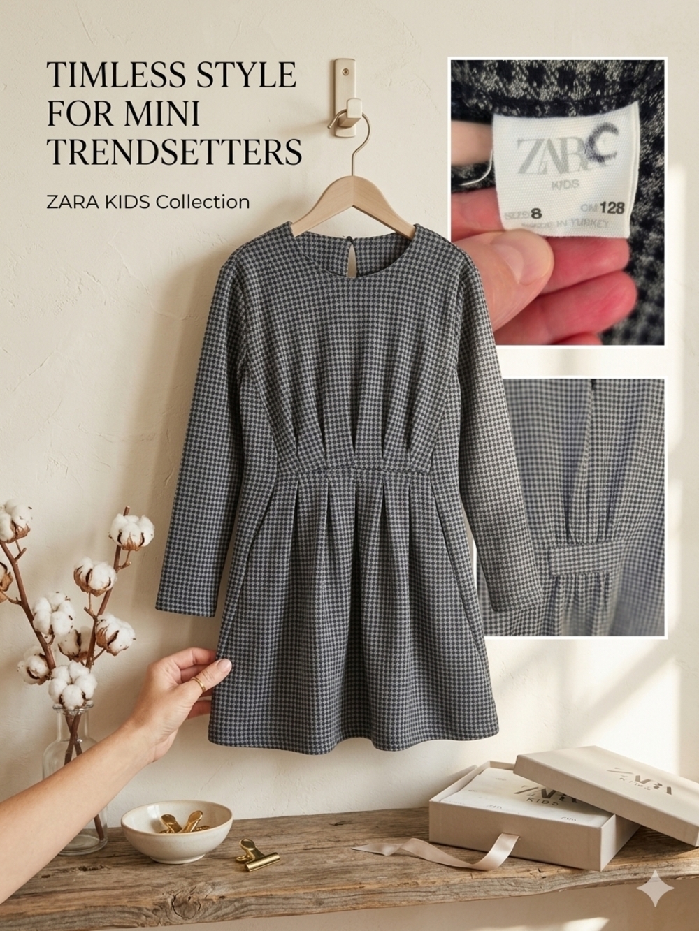 ZARA Kids Black and White Houndstooth Fit-and-Flare Dress